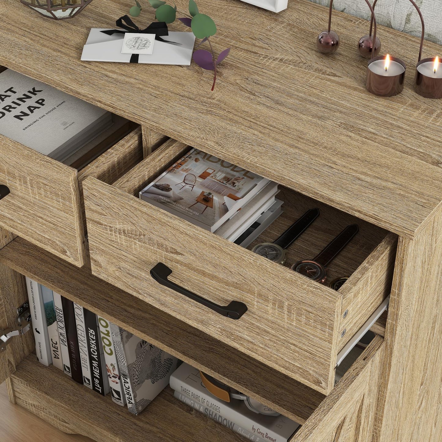Panana Sideboard 2 Drawers 2 Doors Entryway Storage Cabinet Living Room Organizer Farmhouse Style Wooden Kitchen Cupboard (Nature)