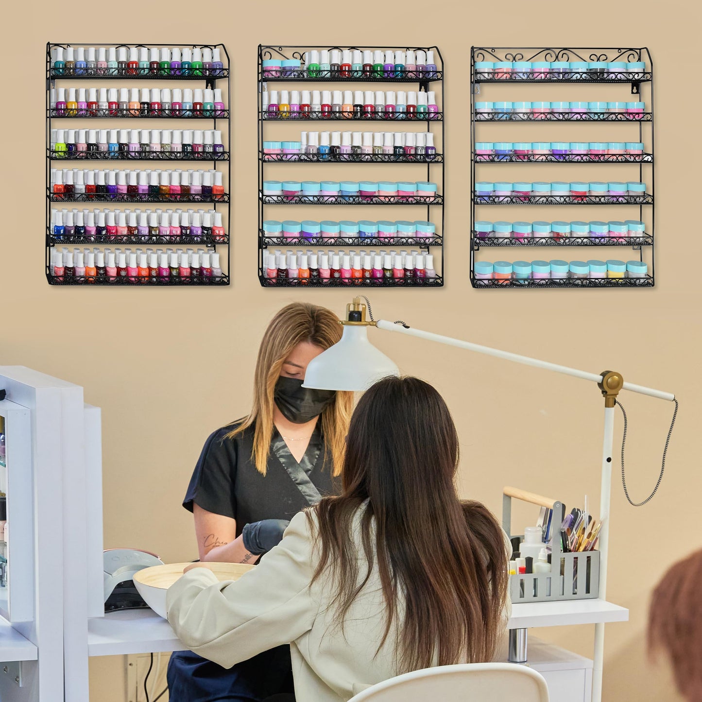 AMT 6 Tier Up to 192 BOTTLES Metal Nail Polish Racks for the Wall, Quality Nail Polish Display, Essential Oils Organizer. Holds up to 192 Bottles (Black)