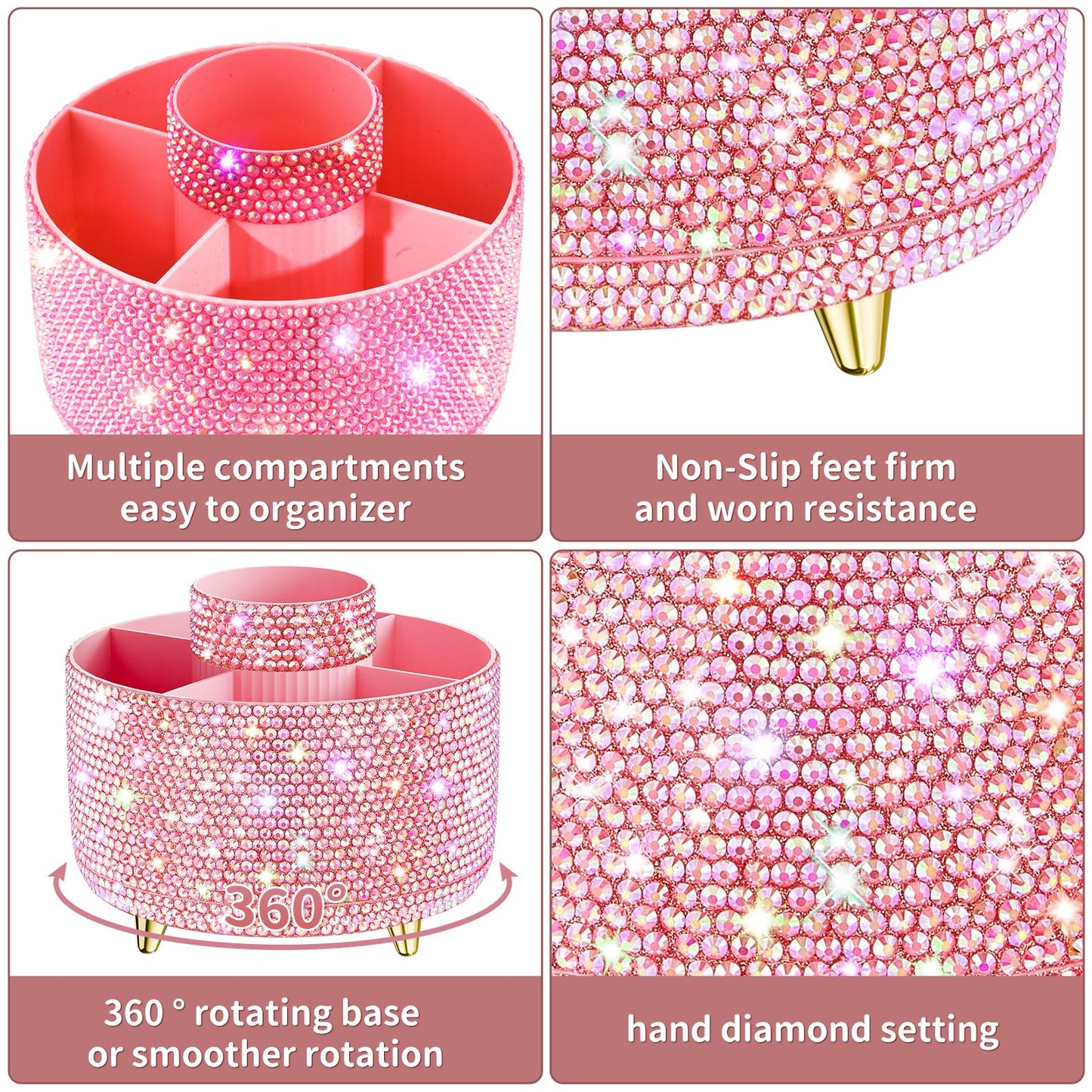 fanado Bling 360° Rotate Makeup Brush Holder Organizer, Makeup Organizers Countertop, Makeup organization and Skincare Storage for Vanity, Gift for Women Girls (Bling dz-Pink)