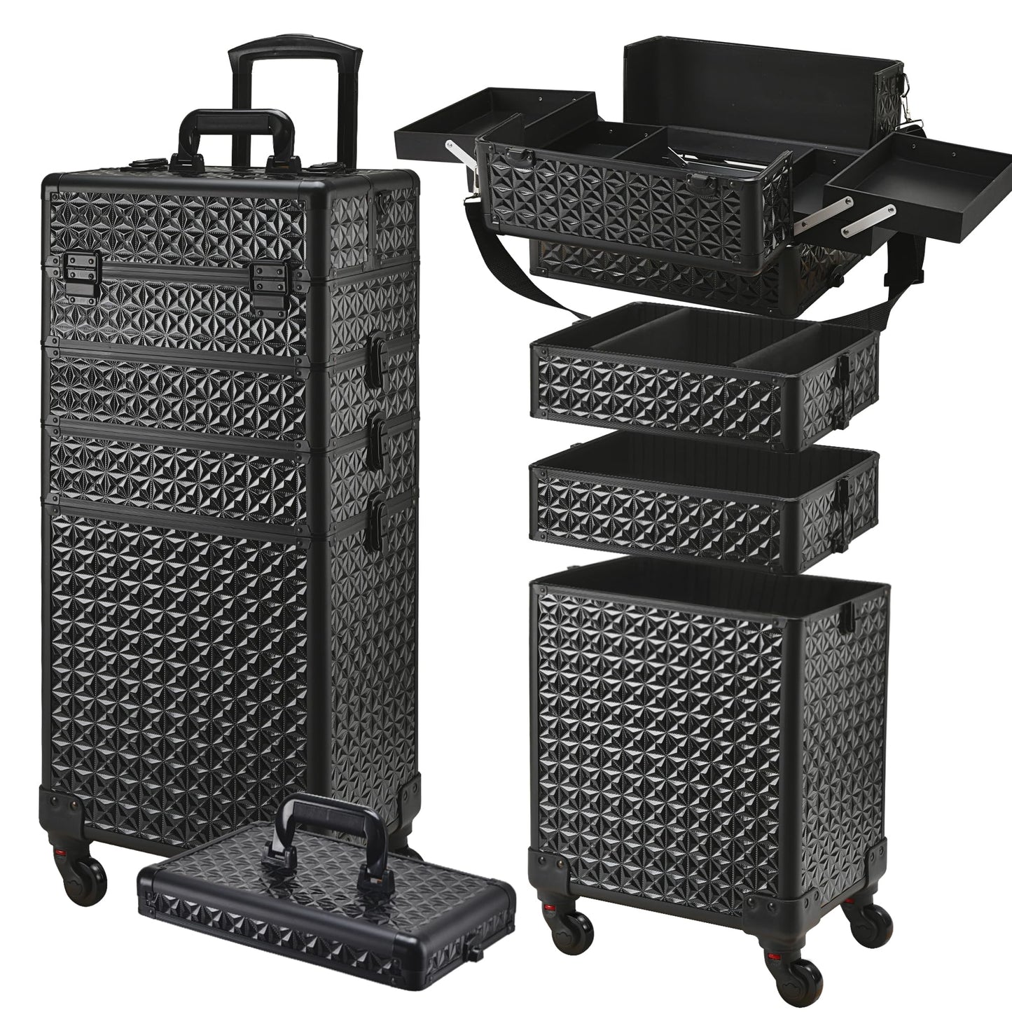 GALHUBIS Rolling Makeup Case, Makeup Train Case with Lid, 5 in 1 Cosmetology Case on Wheels, Christmas Gift, Large Makeup Case Organizers, Profesional Cosmetic Case for Salon Barber,Black