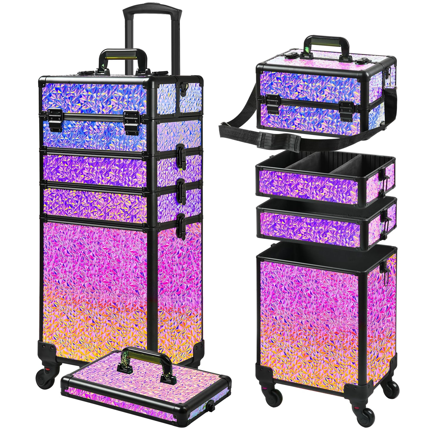 GALHUBIS Rolling Makeup Case, Makeup Train Case with Lid, 5 in 1 Cosmetology Case on Wheels, Christmas Gift, Large Makeup Case Organizers, Profesional Cosmetic Case for Salon Barber,Black Colorful