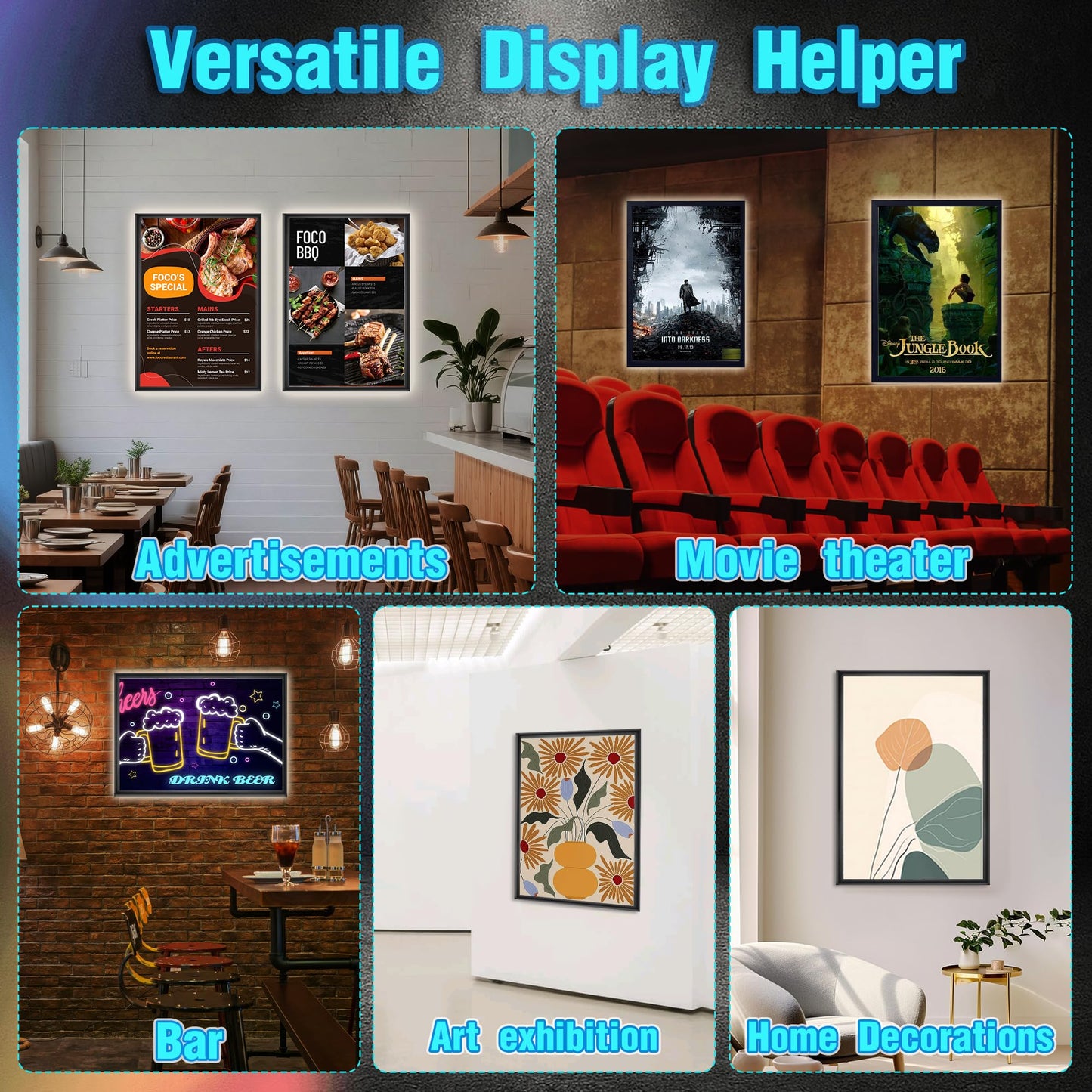 LED Backlit Picture Frame 16" x 24" Movie Poster Frames - Aluminum Snap LED Light Box for Advertising&Home Decoration&Acrylic Art ~ Backlit Poster Frame Wall Mounted (Black)