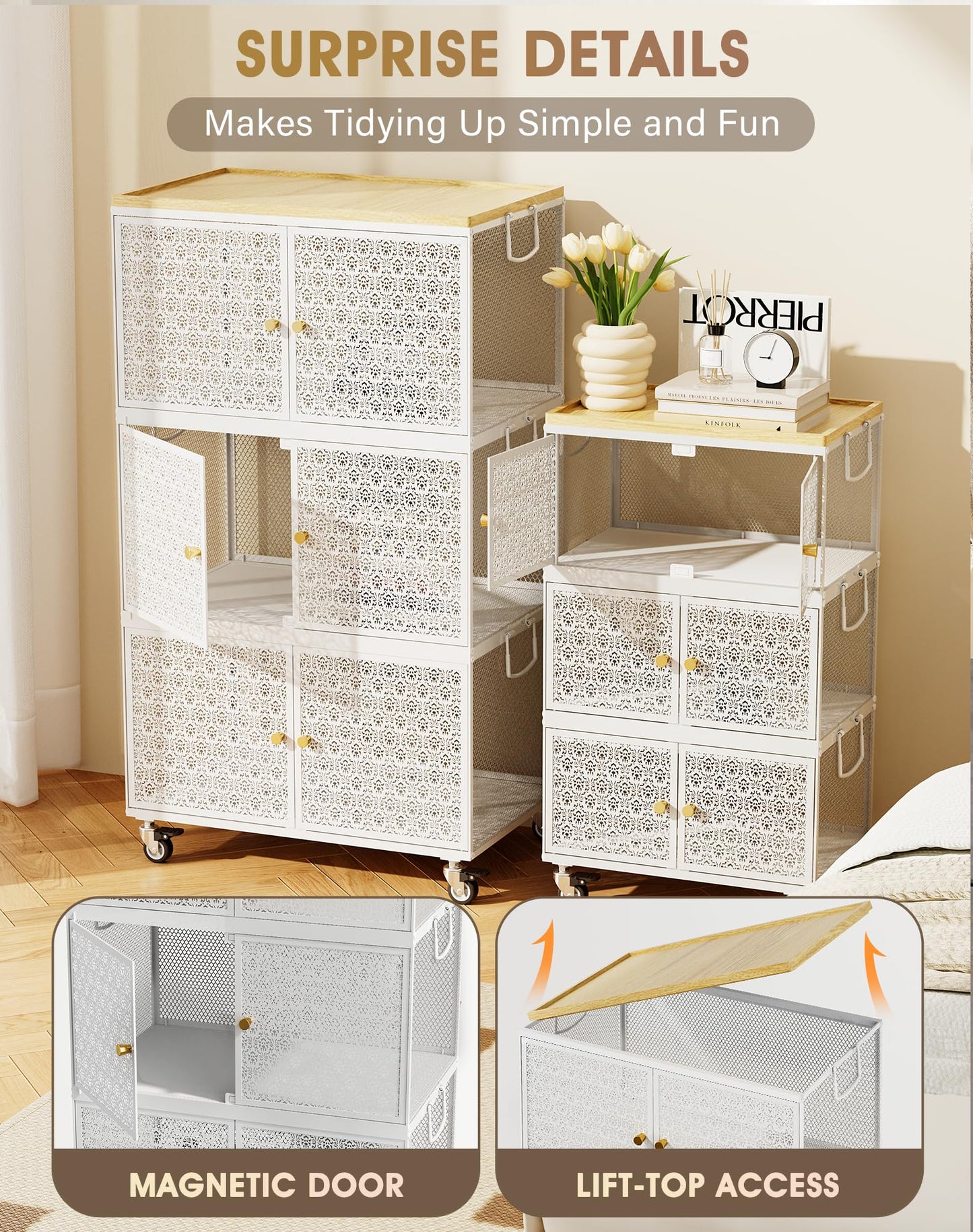 3 Tier Metal Storage bins with wheels, Storage Bins with Magnetic Doors, Storage Cart for Living Room