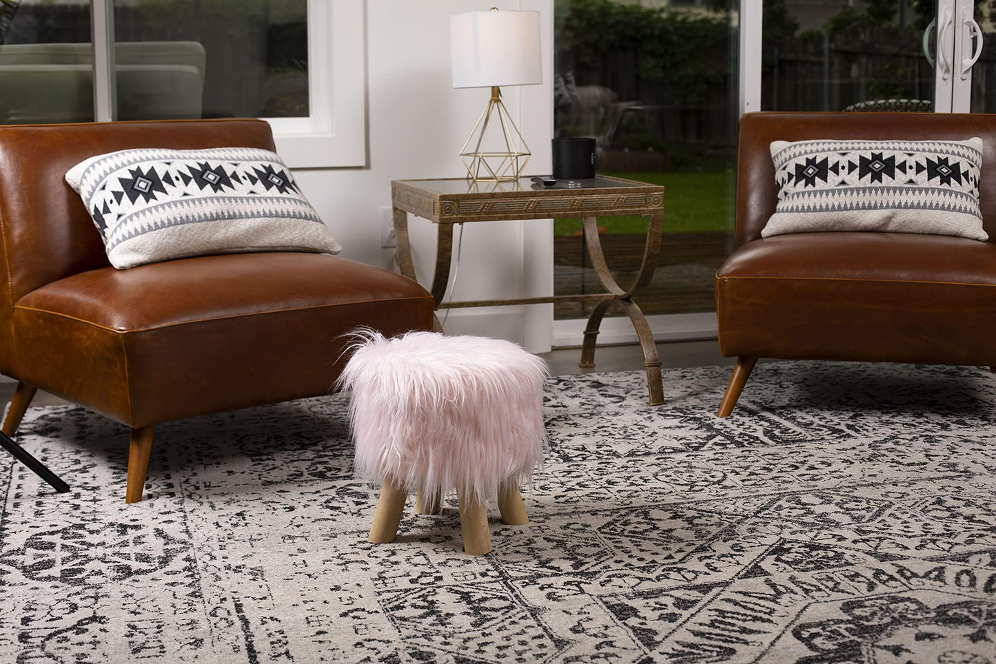BIRDROCK HOME Faux Fur Foot Stool Ottoman – Upholstered Vanity Chair w/Natural Wood Legs - Soft Compact Padded Seat for Makeup Room, Living Room, Bedroom – Decorative Accent Furniture – Pink