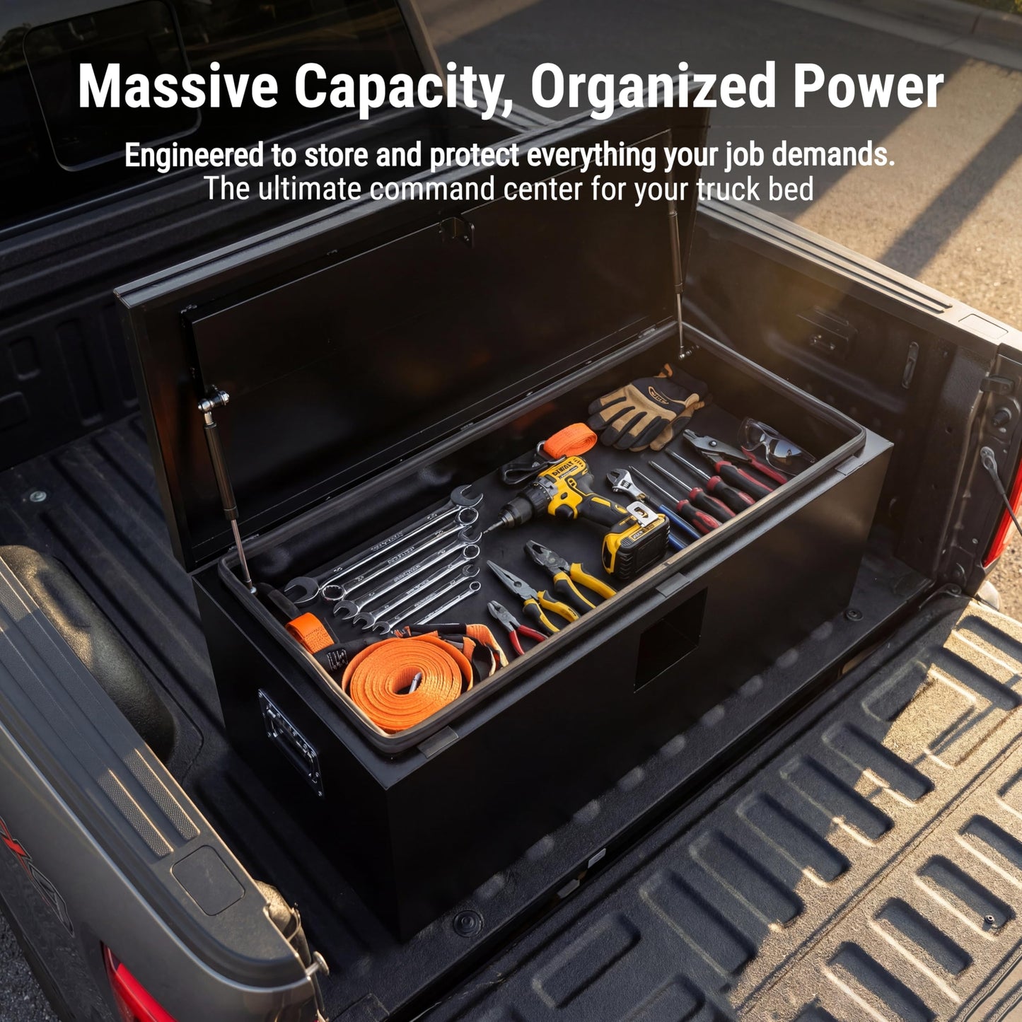 YRCHOFQU Heavy Duty Black Steel Truck Bed Tool Box, Trailer Tongue Storage Chest with Weatherproof Seal & Pneumatic Hinge for Pickup, RV, Utility Vehicles - 24 x 15 x 15