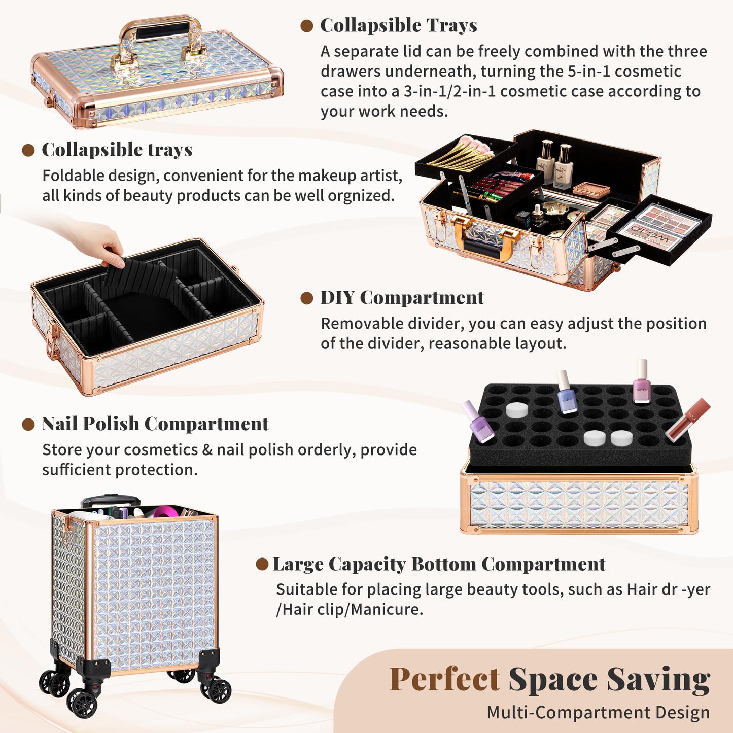 AROUS 5 in 1 Rolling Makeup Train Case Cosmetology Case on Wheels Large Cosmetic Organizer Travel Cart for Hairstylist Artist Nail Beauty Salon Barber,White