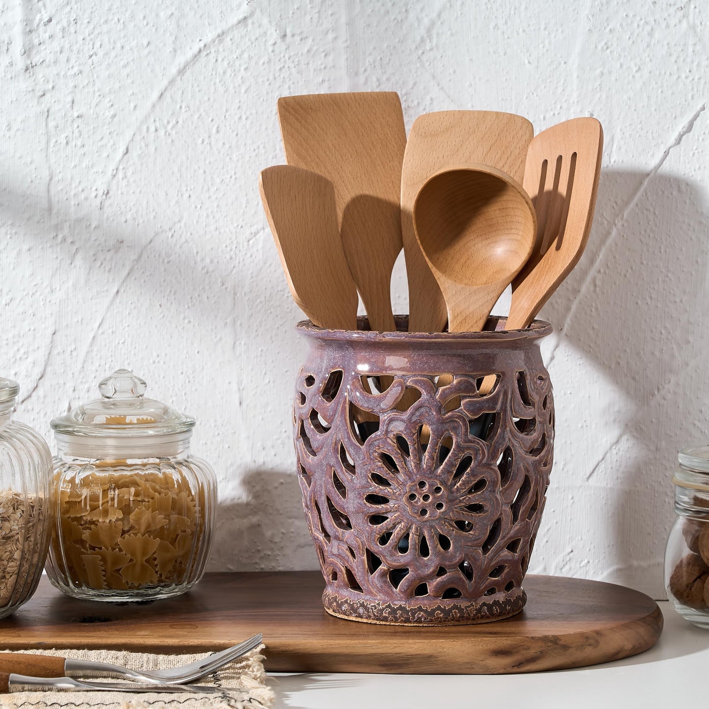 JH JIEMEI HOME Farmhouse Kitchen Utensil Holder for Kitchen Counter, Ceramic Large Cooking Utensil Crock with Cork Mat, Decorative Rustic Utensil Organizer for Countertop, Spatula, Antique Purple