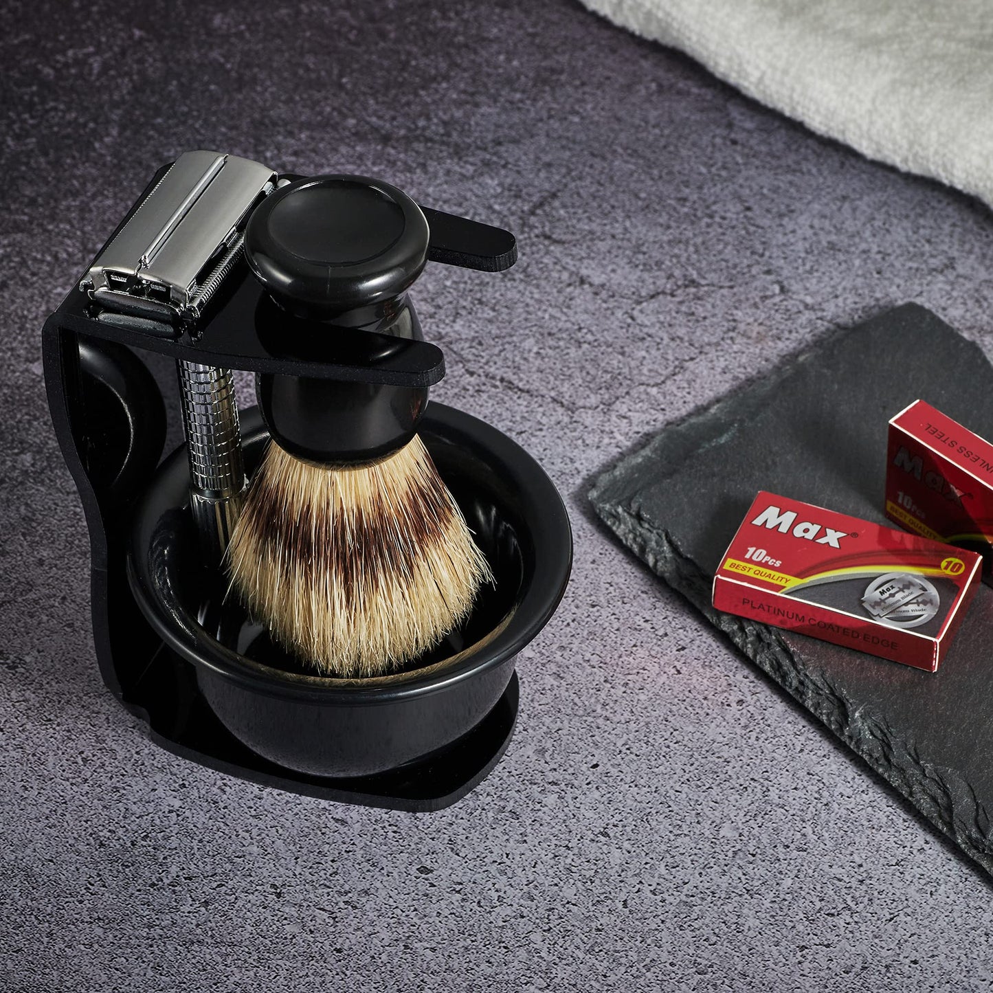 Classic DE Razor Double Edge Safety Razor Butterfly TTO Shaving Razor with Black Acrylic Stand and Bristle Shaving Brush Mini Soap Bowl 10 Blades Wet Shaving Gift Set for Men w/Cleaning Brush