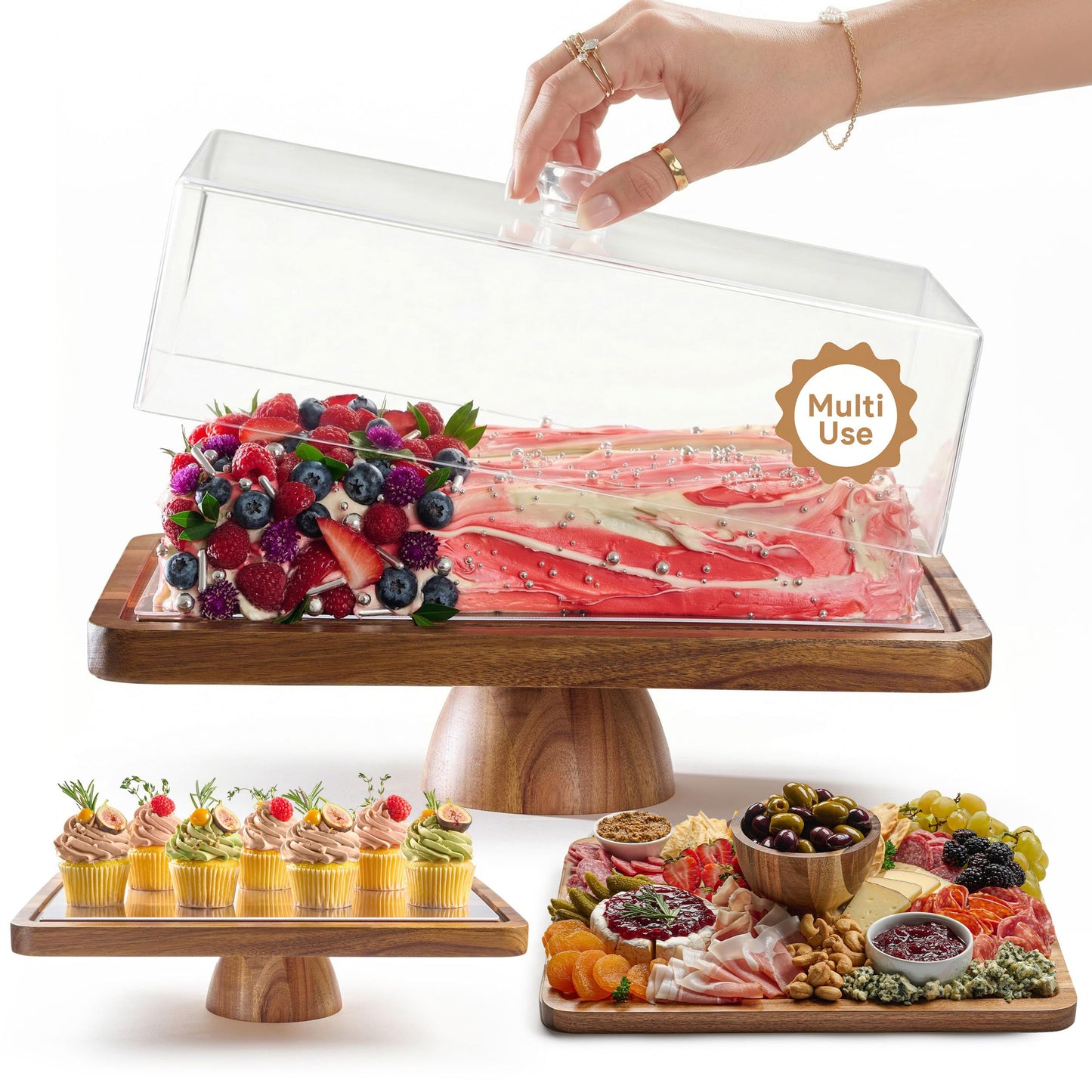 HOMESPHERE Acacia Wood Cake Stand with Lid - Rectangular Cake Holder, 2-in-1 Dessert Table Display Set & Charcuterie Board for Cheese, Chips, Fruit Platter, Large Acrylic Cake Dome Cover, No Glass