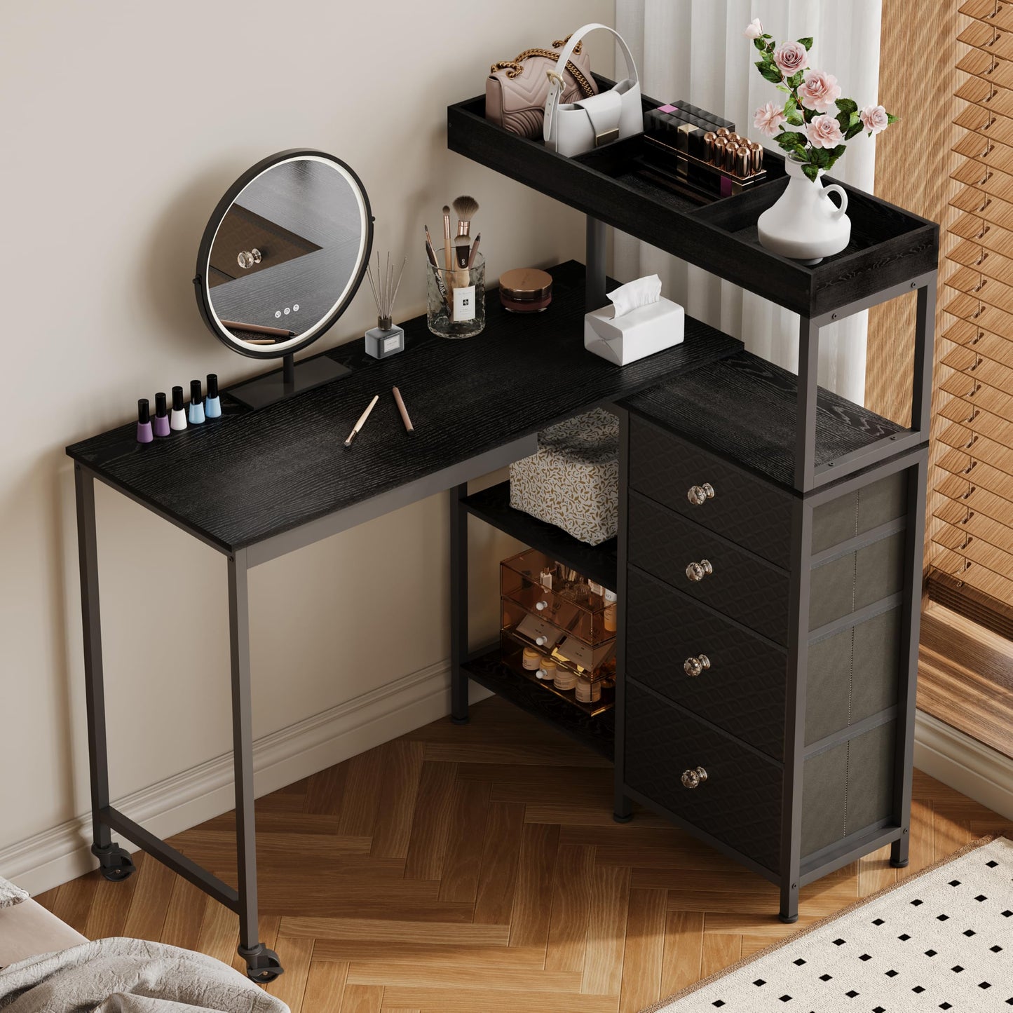 NinPeen L-Shaped Manicure Table with Drawers and Storage Shelves,Rotating Nail Workstation on Wheels with Charging Station,Nail Tablefor Nail Tech,Home,Makeup Beauty Salon (Black)