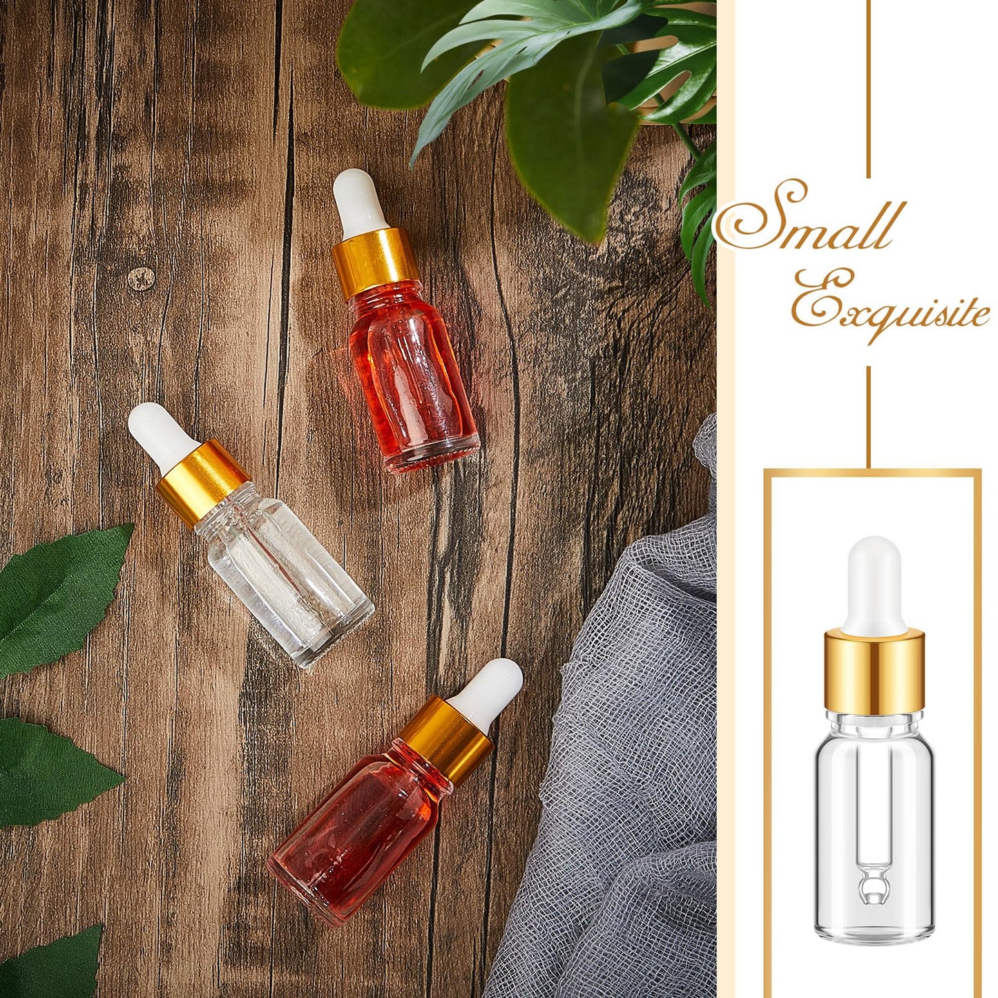 Didaey 100 Pcs 10 ml Mini Glass Oil Dropper Bottle Bulk, Clear Essential Small Empty Bottles Sample Containers Perfume Liquid Vials with Cap for Traveling (Champagne Gold)