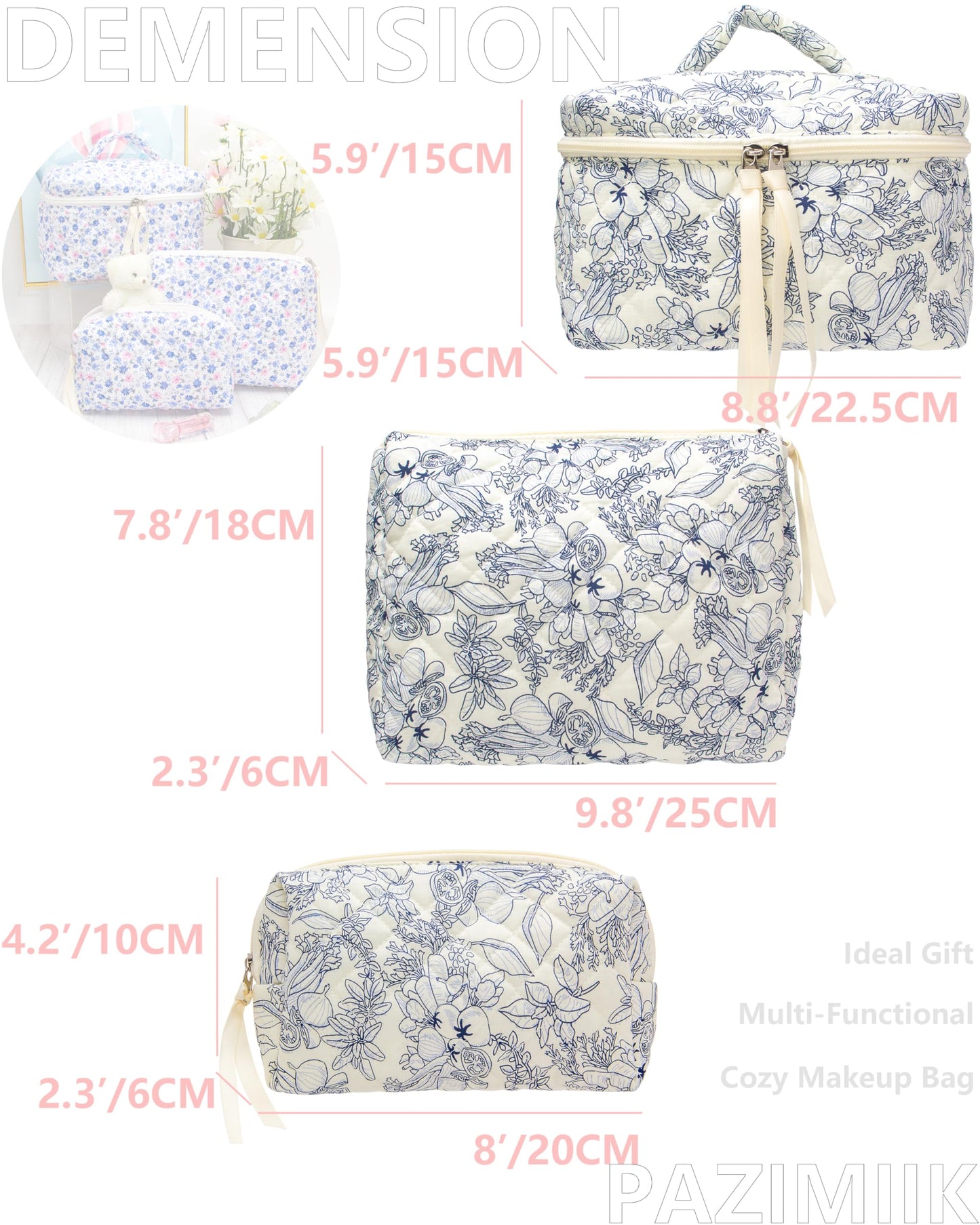 PAZIMIIK 3PCS Makeup Bag SET Large Travel Quilted Zipper Soft Cosmetic Case Pouch for Women Girls Make Up,Flower White