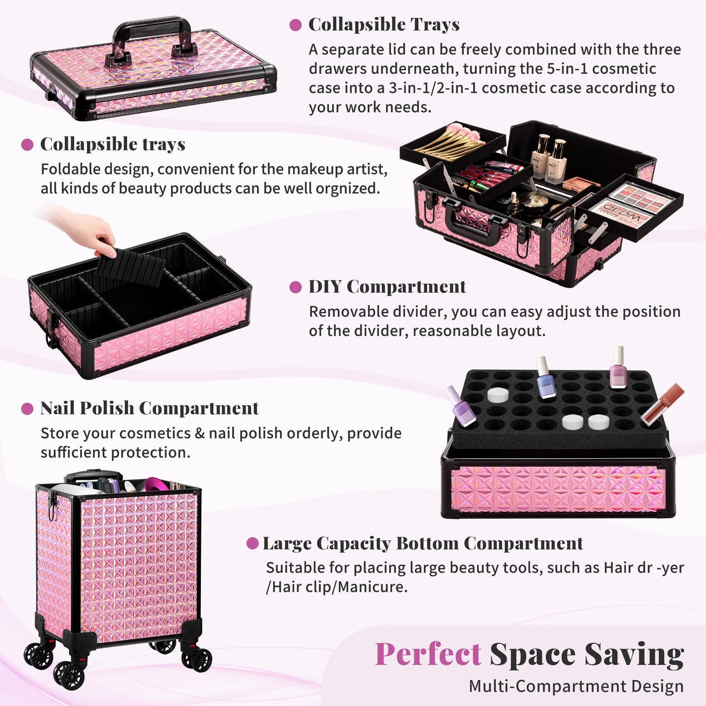 AROUS 5 in 1 Rolling Makeup Train Case Cosmetology Case on Wheels Large Cosmetic Organizer Travel Cart for Hairstylist Artist Nail Beauty Salon Barber,Pink