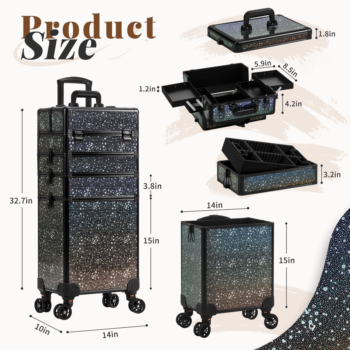AROUS Rolling Makeup Train Case 5 in 1 Cosmetology Case on Wheels Large Cosmetic Organizer Travel Cart for Hairstylist Artist Nail Beauty Salon Barber,Black