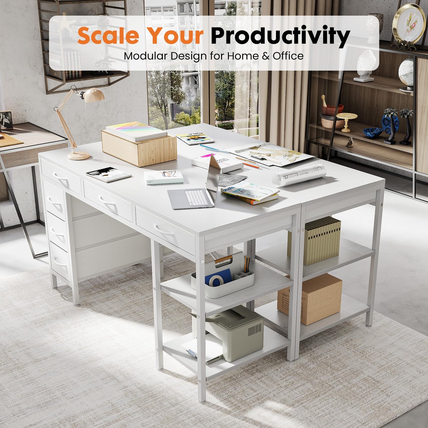 OLIXIS Computer Desk with 6 Drawers, 55 inch Office Workstation with Storage Shelves, Reversible Gaming Setup, Corner Table with Storage Drawers, Work for Home Office, Study, Living Room, White