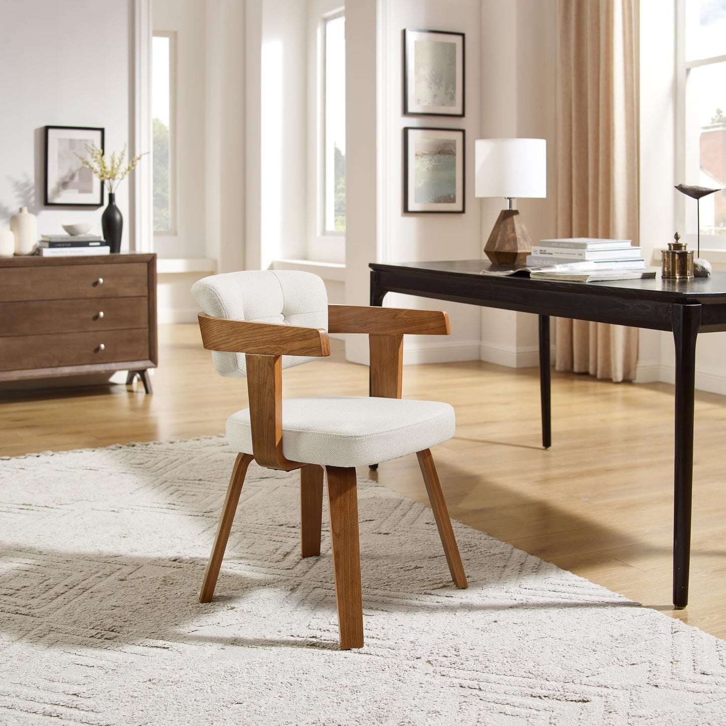 Art Leon Office Chair No Wheels - Mid Century Modern Desk Chair, Fabric Upholstered Accent Arm Chair with Wood Legs for Small Spaces Home Office Living Room Bedroom Study, Off White/Walnut