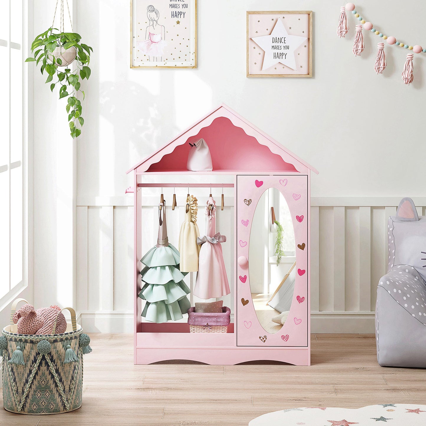 UTEX Kids Dress Up Storage with Mirror, Kids Wardrobe Closet, Dress Up Armoire for Little Girls, Open Hanging Costume Organizer with Storage Cabinet for Kids Room, Playroom