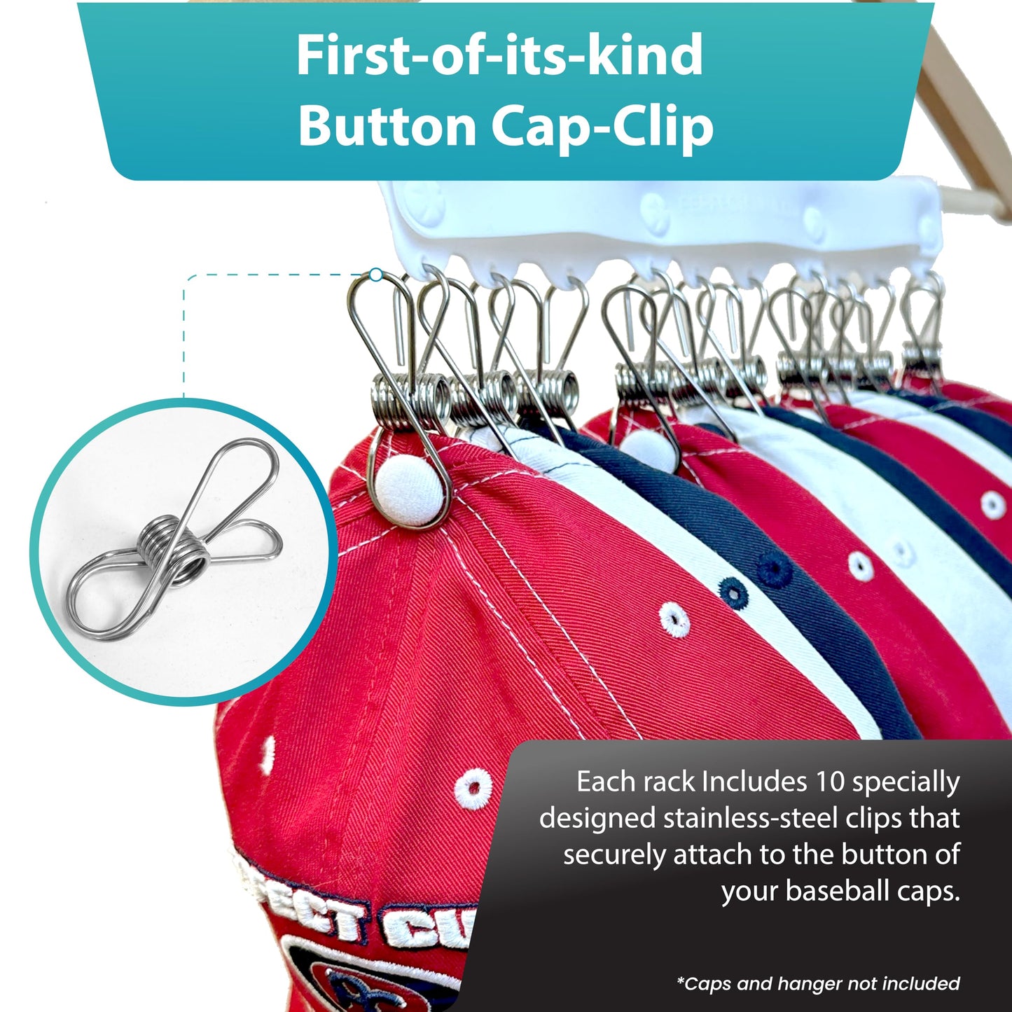 Perfect Curve Baseball Cap Hanger - Store 10 Caps with Button Clips, Silicone & Metal Construction, White, 1-Pack