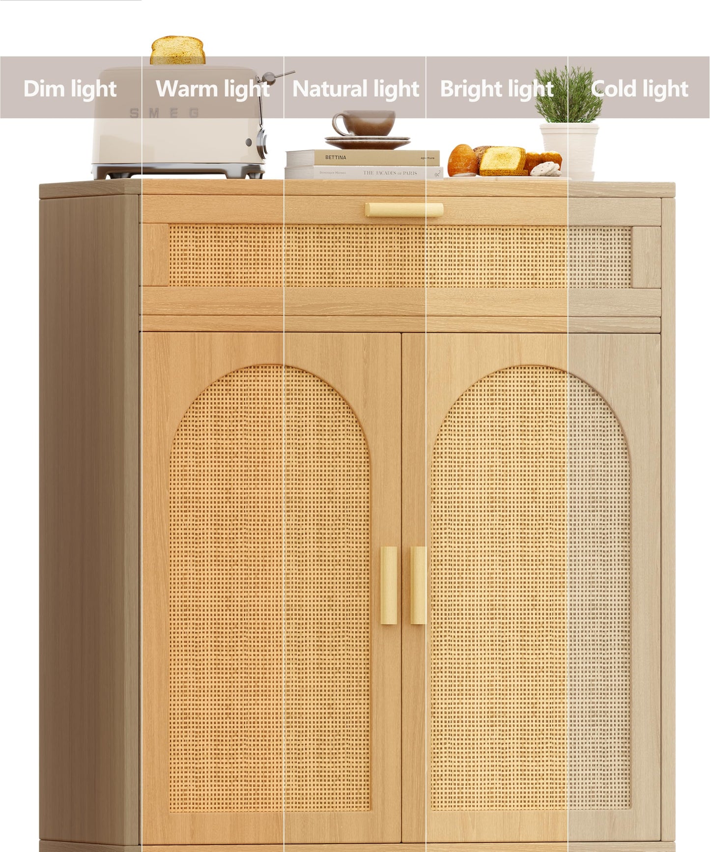 Keehusux Rattan Sideboard Buffet Cabinet with Drawer and 2 Doors, Accent Storage Cabinet with Adjustable Shelf, Solid Wood Feet, Coffee Bar for Kitchen, Living Room, Entryway, Natural Oak