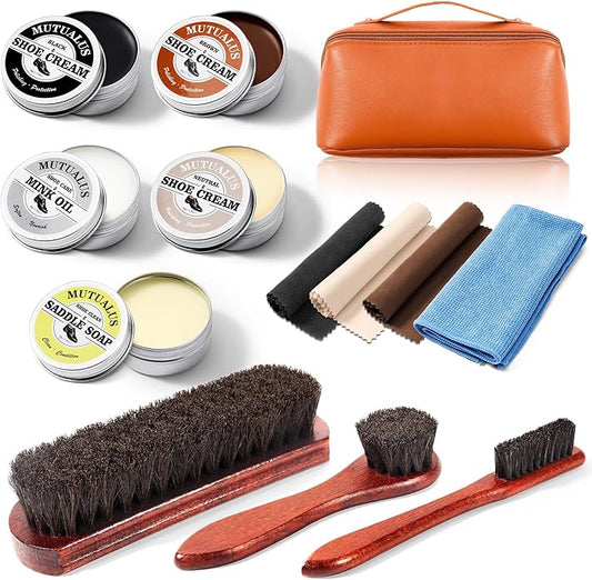 13PCS Horse Hair Shoe Brush Polish Cleaner Kit, 3PCS Shoe Brush With Black & Brown Mink Saddle Oil, Polishing Cloth Microfiber Cloth Storage Pouch