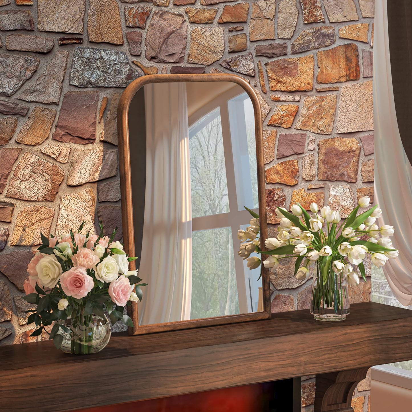 20"x30" Arch Wall Mirror Bathroom Mirror for Wall Mounted, Tempered Glass, Wood Grain Finish Frame Wall Mirror Decorative for Living Room Bedroom Entryway, Natural