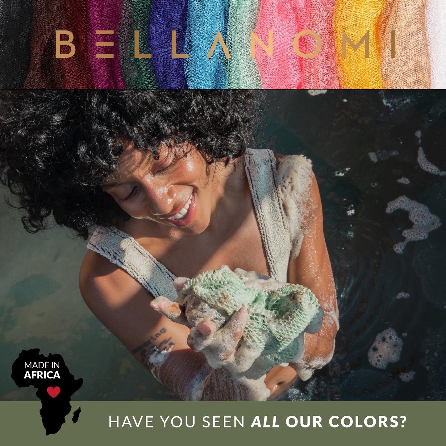 BELLANOMI 4 Piece African Exfoliating Net Sponge Long African Bath Sponge, Authentic Ethically Sourced from Nigeria, Great for Daily Use (Blue, White, Seafoam,Navy Blue)