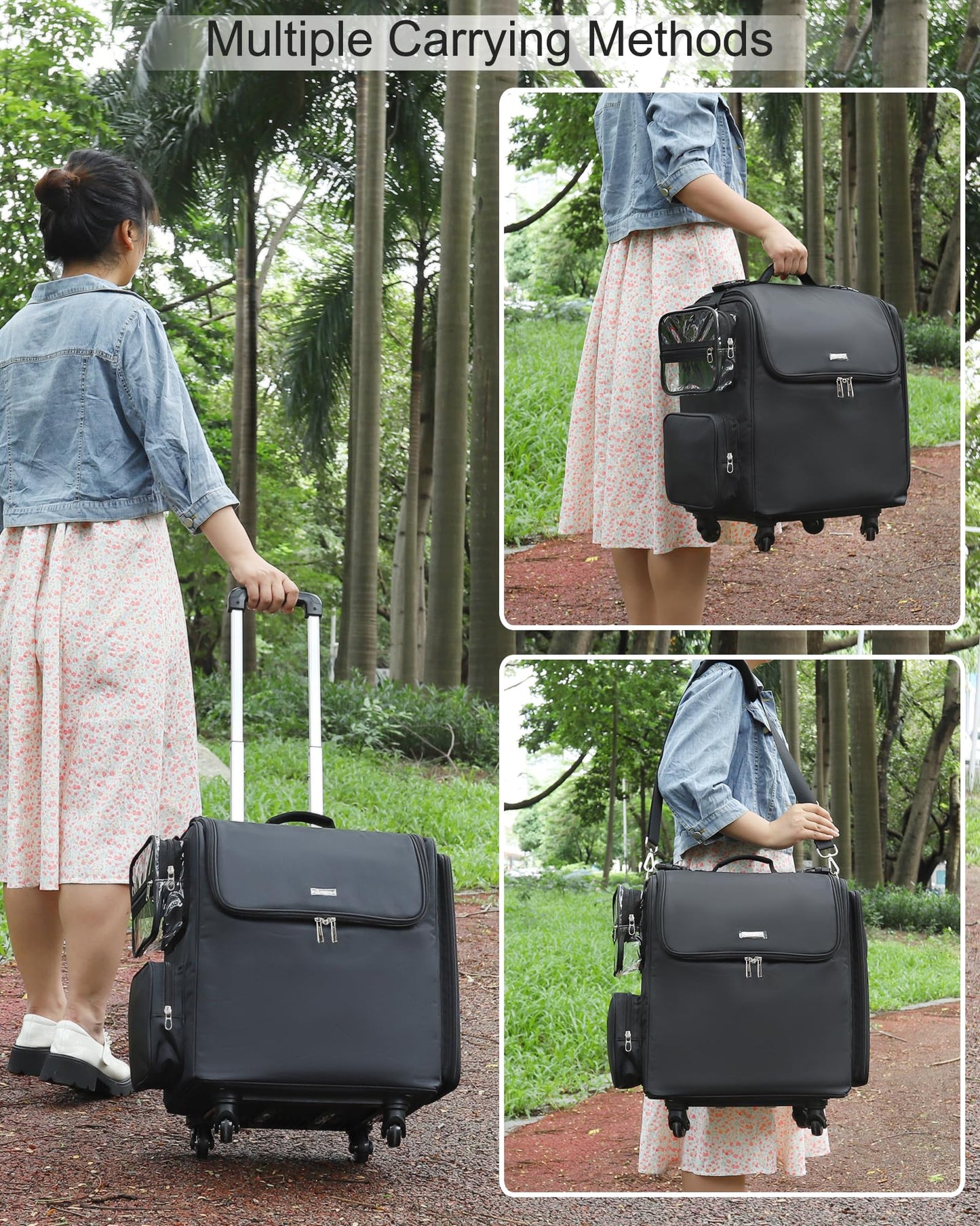 Relavel Rolling Makeup Train Case with 4 Pcs Clear Makeup Bags, Hairstylist Traveling Bag with 4 Wheels, Heat Insulation Full Layer, Adjustable Dividers, Hair Tools and Cosmetics Storage Organizer