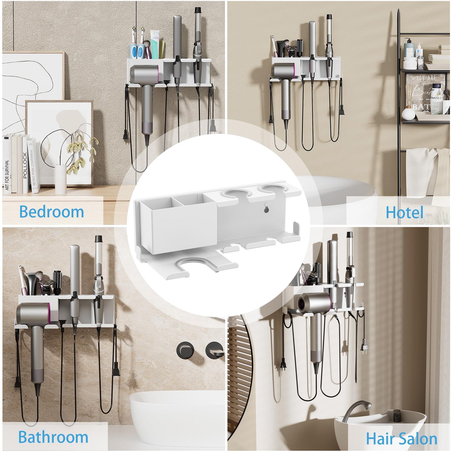 BOIVSHI Hair Dryer Holder, Hair Tool Organizer Wall Mount, Metal Blow Dryer Holder, Curling Iron Holder, Curling Iron, Hair Dryer Wall Mount, Bathroom Accessories Tools Organizer, White