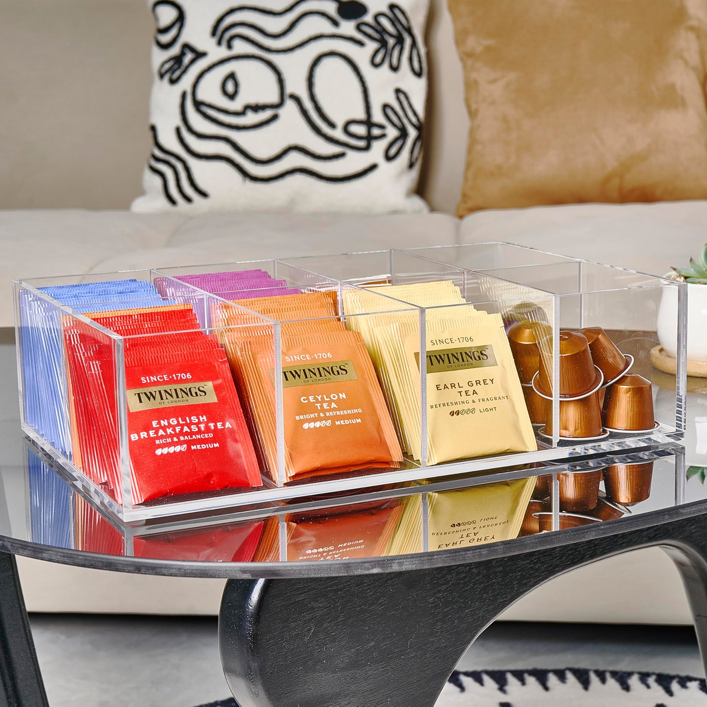 Meicloud Acrylic Tea Bag Organizer - Clear Tea Storage Box, K Cup Coffee Pods Holder with 8 Compartments, Tea Station Organizer for Countertop, Modern Tea Display Stand
