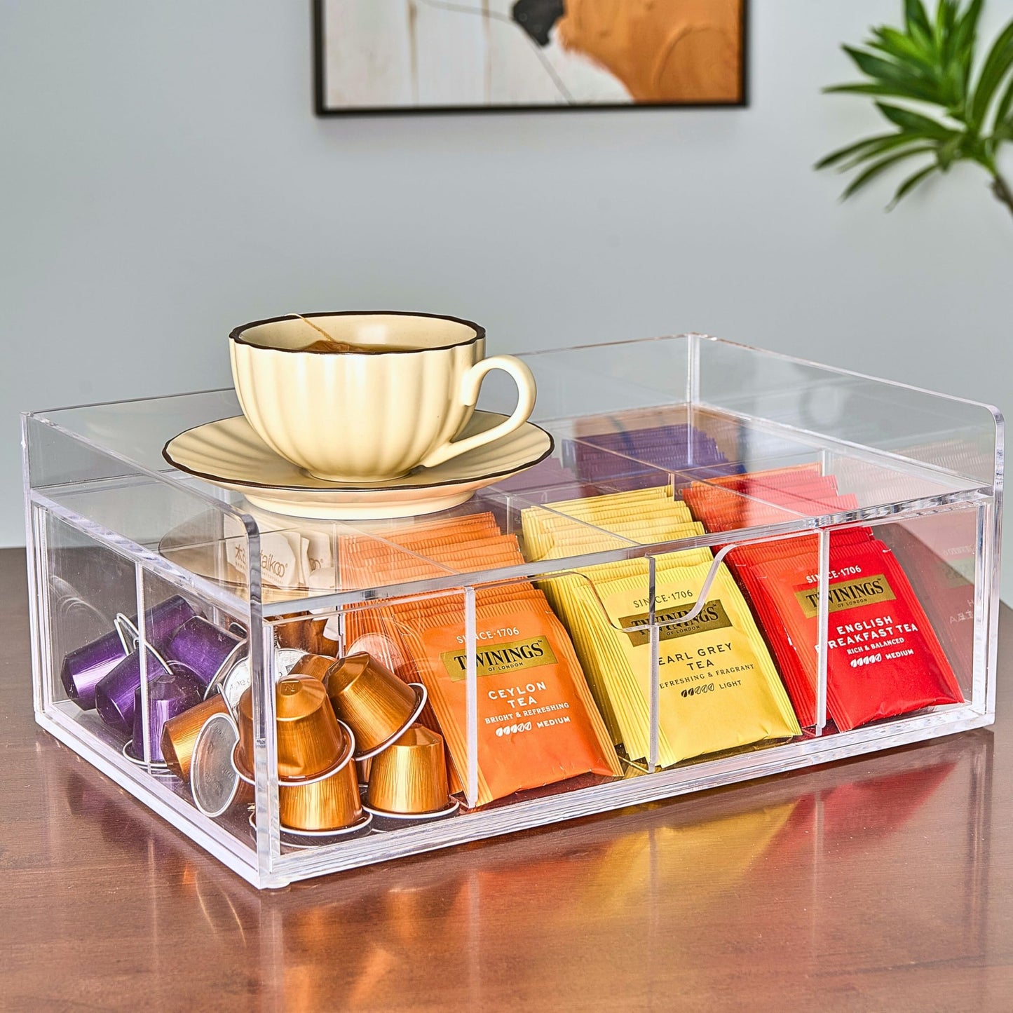 Meicloud Acrylic Tea Station Organizer for Countertop - Tea Bag Organizer Drawer, Clear Lucite K Cup and Coffee Pod Storage box with 8 Compartments, Tea Caddy Creamer Holder Display Stand