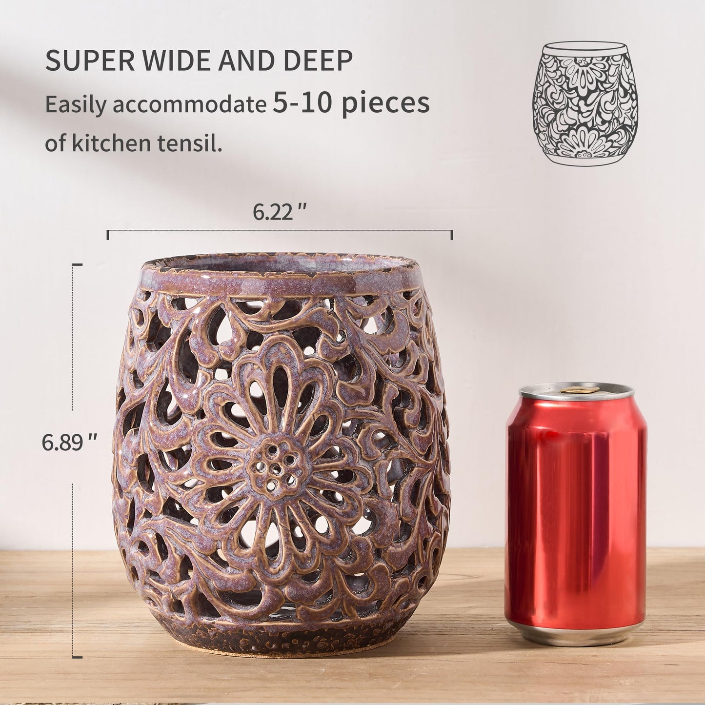 JH JIEMEI HOME Farmhouse Kitchen Utensil Holder for Kitchen Counter, Ceramic Large Cooking Utensil Crock with Cork Mat, Countertop Cooking Tool Spatula Organizer, Purple Antique Design