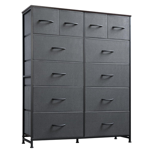 WLIVE Tall Dresser for Bedroom with 12 Drawers, Chests of Drawers, Fabric Dressers for Closet, Living Room, Storage Dresser Organizer with Wood Top, Steel Frame, Dark Grey