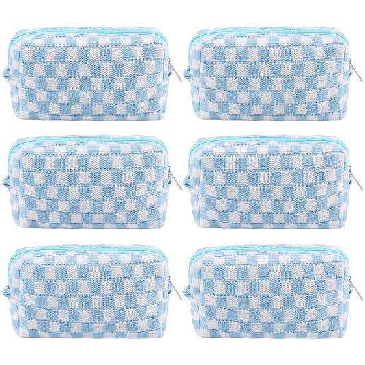 ZLFSRQ 6Pcs Checkered Pencil Case Cute Pencil Pouch for Teens Checkered Makeup Bag Blue Medium Travel Cosmetic Bag Makeup Pouch for Purse Aesthetic Trendy Zipper Toiletry Bags Organizer