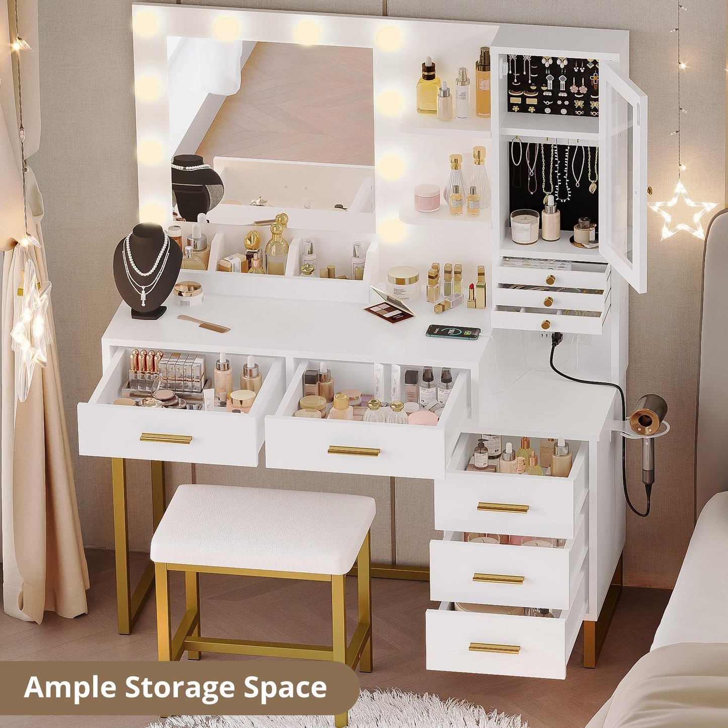 IRONCK Vanity Desk with Mirror and Lights, Jewelry Storage, White & Gold