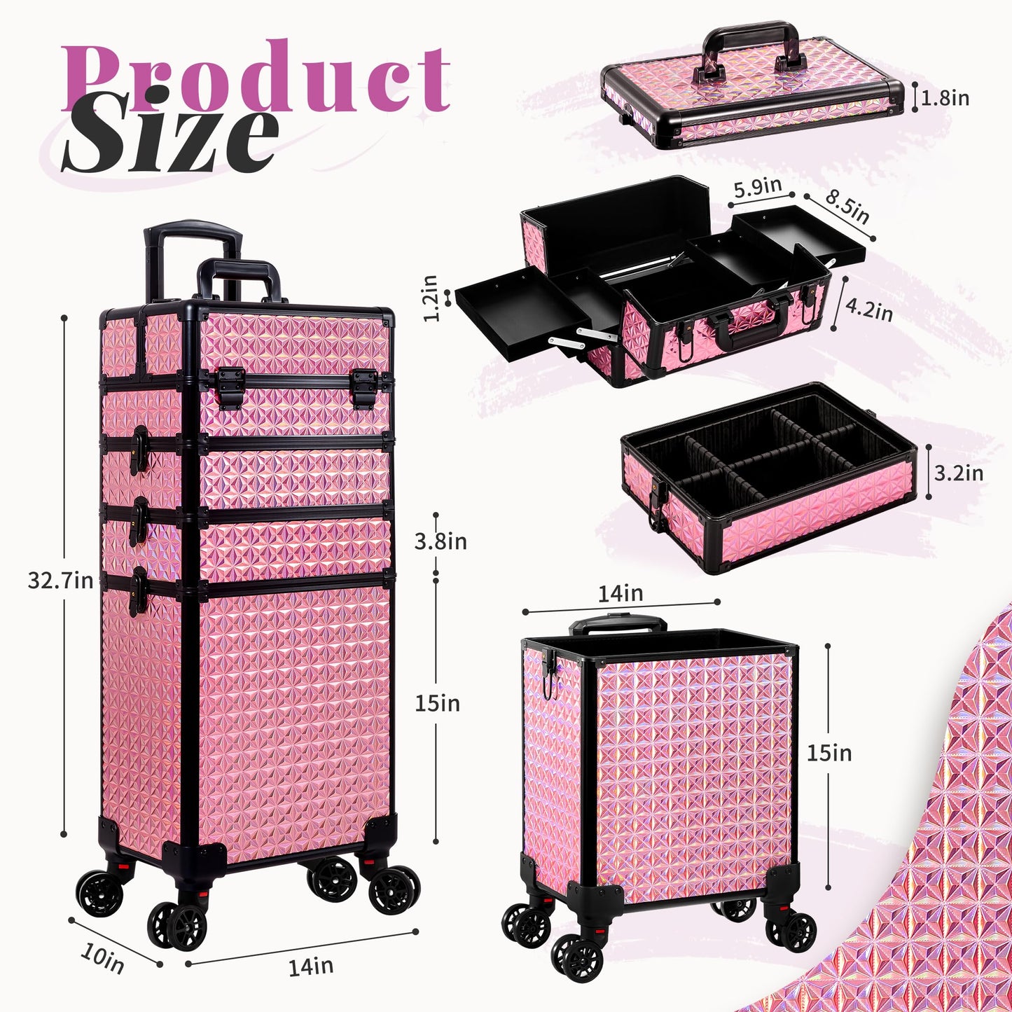 AROUS 5 in 1 Rolling Makeup Train Case Cosmetology Case on Wheels Large Cosmetic Organizer Travel Cart for Hairstylist Artist Nail Beauty Salon Barber,Pink