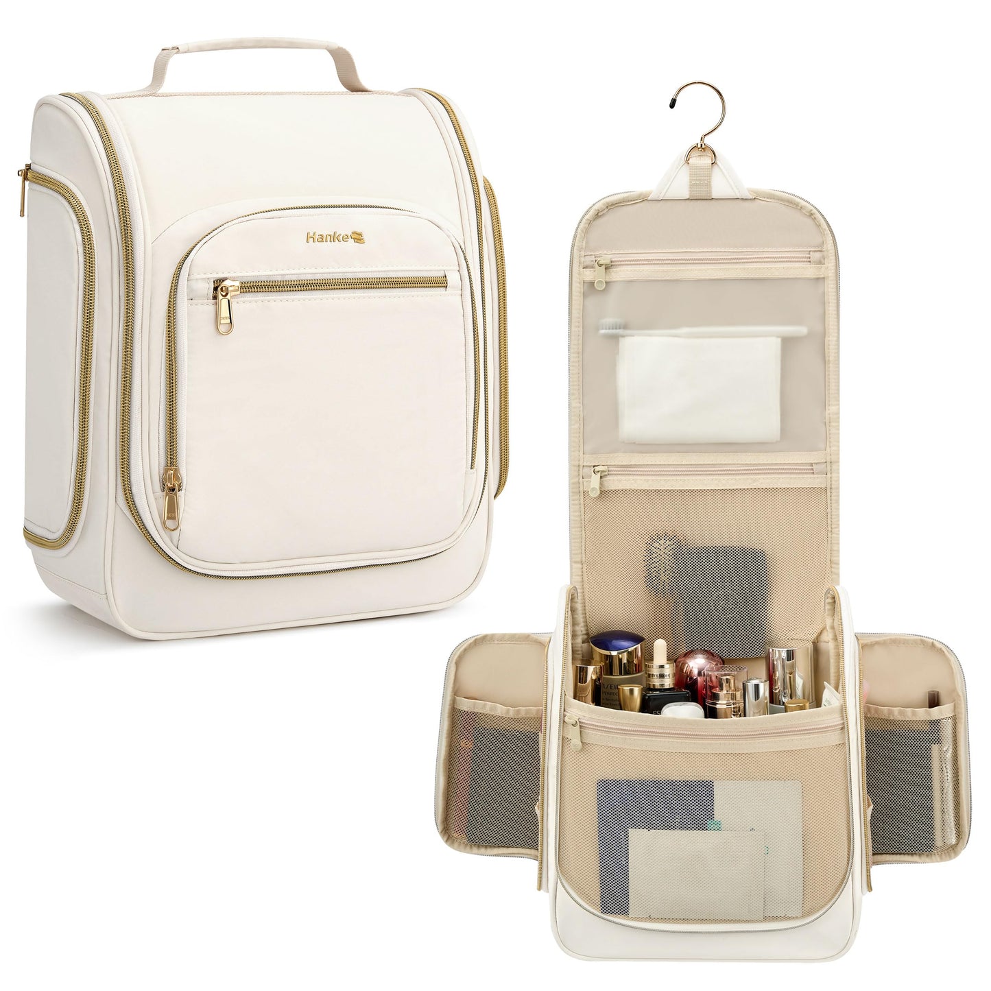 Hanke Hanging Travel Toiletry Bag for Men and Women, Water-Resistant Toiletries Bag Makeup Organizer with Hook, Cosmetic Bag for Bathroom & Travel Essentials Accessories, Off White