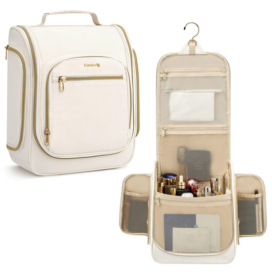 Hanke Hanging Travel Toiletry Bag for Men and Women, Water-Resistant Toiletries Bag Makeup Organizer with Hook, Cosmetic Bag for Bathroom & Travel Essentials Accessories, Off White