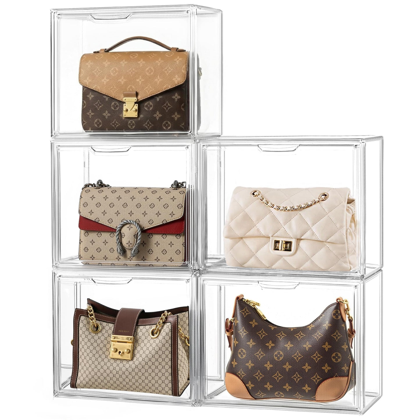 HBlife 5 Pack Purse Storage Organizer for Closet, Large Clear Stackable Handbag Display Case Box with Magnetic Door for Collectibles, Cosmetics, Women Heels and Toys