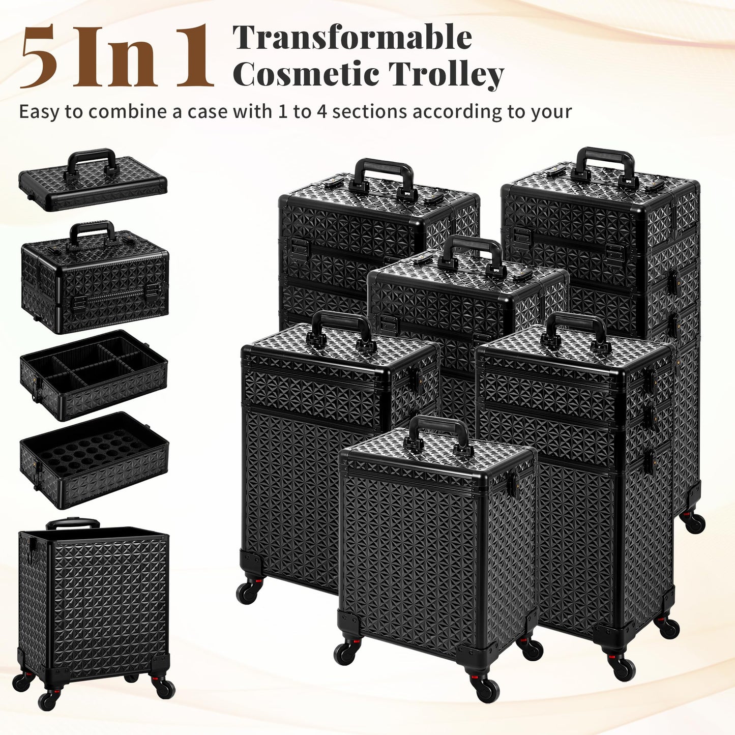 AROUS 5 in 1 Rolling Makeup Train Case Cosmetology Case on Wheels Large Cosmetic Organizer Travel Cart for Hairstylist Artist Nail Beauty Salon Barber, Black