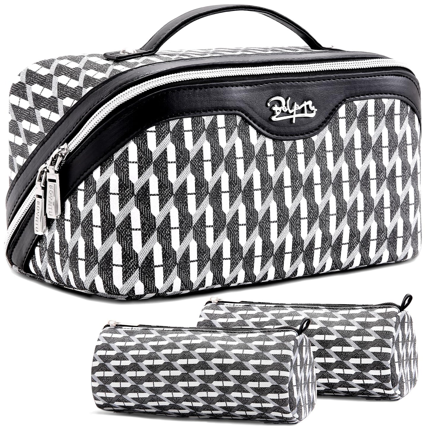 BOYATU Travel Makeup Bags for Women: Large Capacity Cosmetic Bag Set of 3 - Vegan Leather Make up Bags with Compartments - Wide Open Waterproof Toiletry Organizer Bag with Handle (P-04-Black)