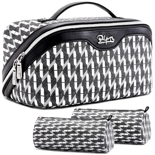 BOYATU Travel Makeup Bags for Women: Large Capacity Cosmetic Bag Set of 3 - Vegan Leather Make up Bags with Compartments - Wide Open Waterproof Toiletry Organizer Bag with Handle (P-04-Black)