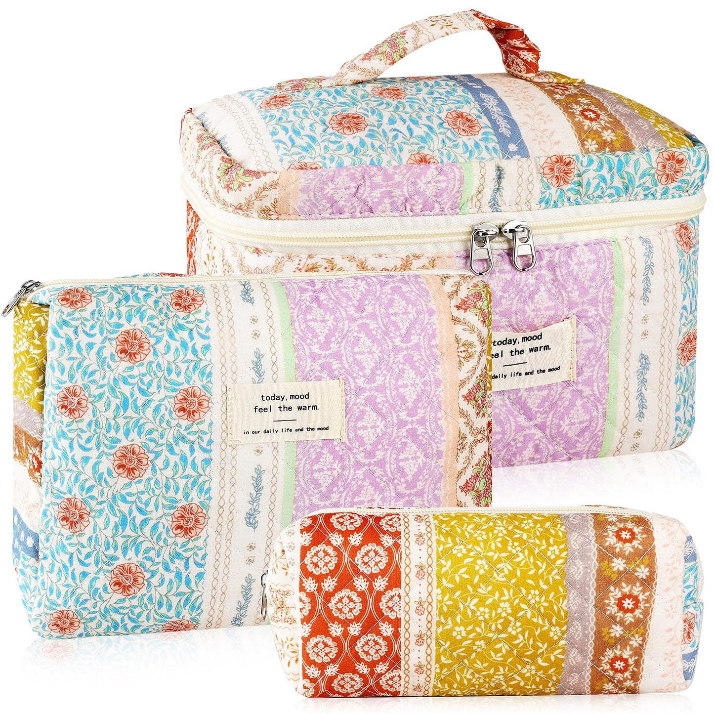 URSKYTOUS 3Pc Cotton Quilted Makeup Bags for Women Large Small Coquette Floral Travel Cosmetic Bag Set Aesthetic Cute Flower Makeup Pouch Portable Toiletry Bag Puffy Essential Storage Organizer Bag