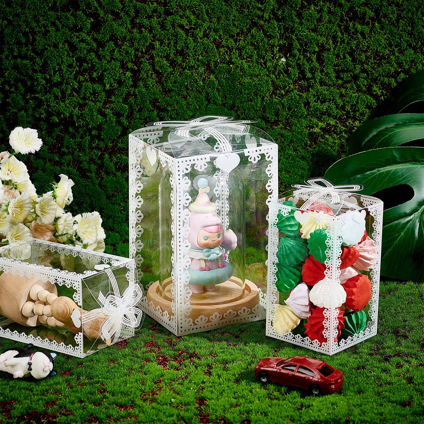BENECREAT 24PCS 3.5x3.5x5.5 Clear Wedding Favour Boxes with Bowknot Pattern Rectangle PVC Transparent Gift Boxes for Candy Chocolate Valentine's Day, Festival Gift Wrapping