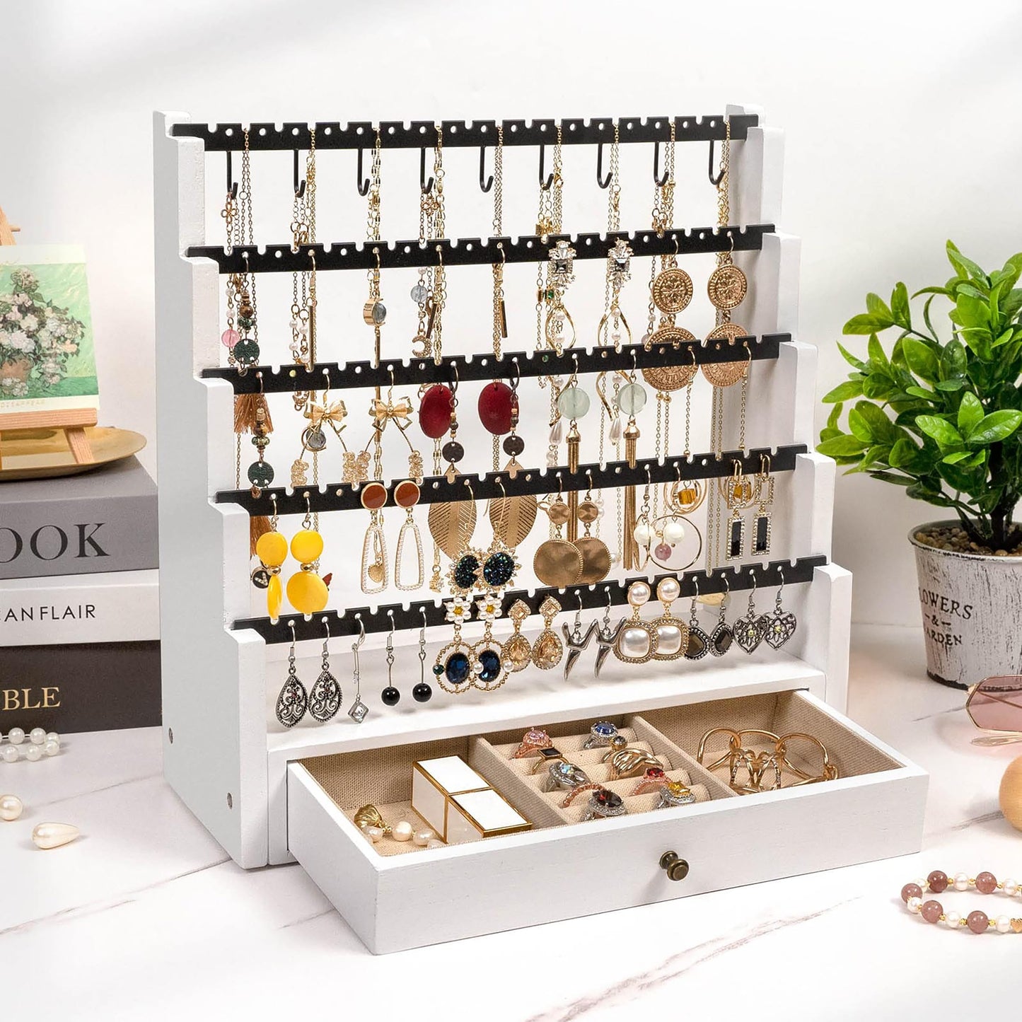 Pinzoveco Earring Organizer, 5 Layer Earring Holder Organizer with Necklace Holder Pole, Rustic Wood Jewelry Organizer Stand Display for Stud Earring Bracelet Necklace Ring, 175 Earring Holes