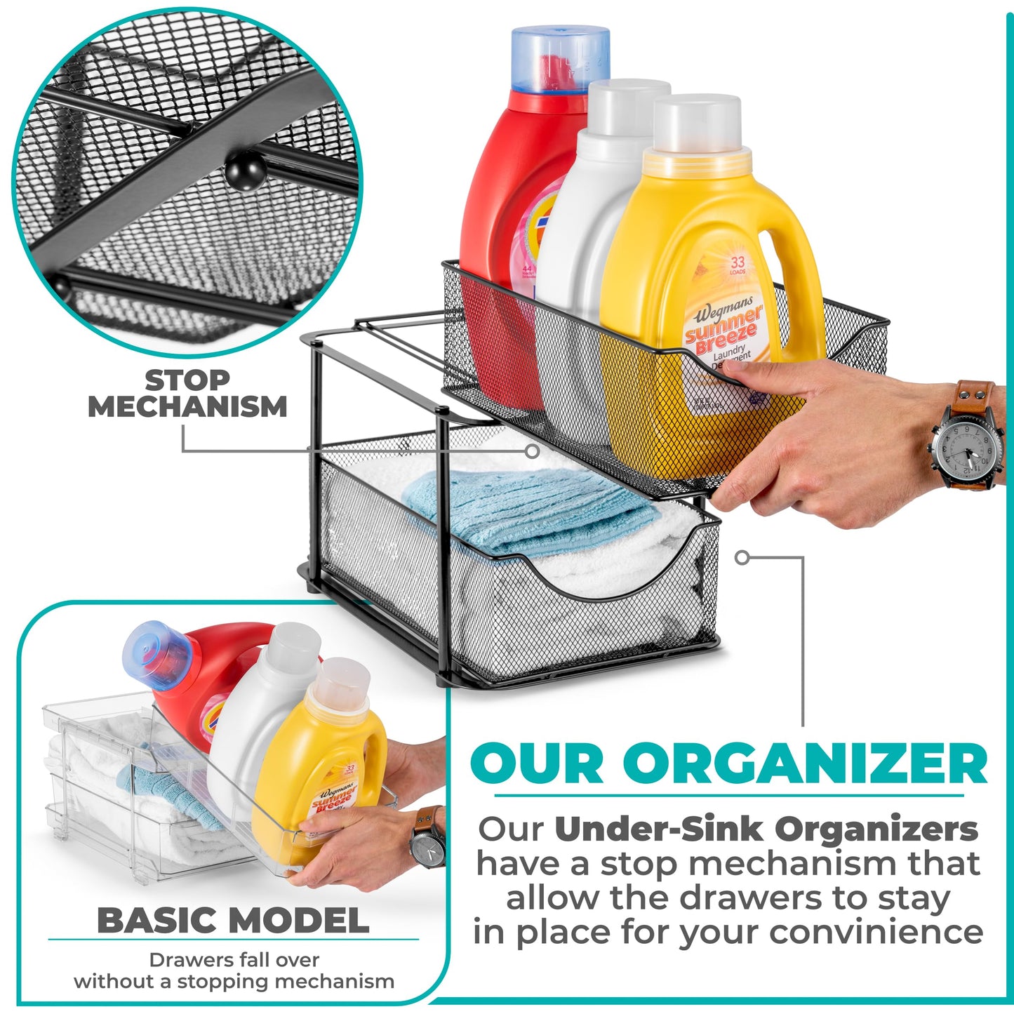 Sorbus 2 Tier Metal Under Sink Organizer for Bathroom, Kitchen, Strong Steel Mesh Sliding Drawers for Under Sink, Under Cabinet, Closet, Kitchen, Pantry, Bathroom Organizers and Storage (Black)