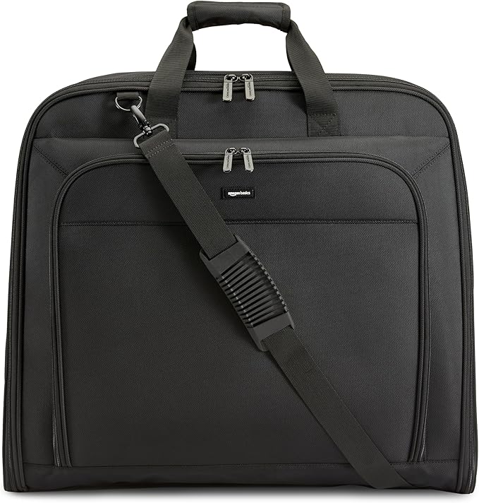 Amazon Basics 43" Premium Garment Bag for Travel, Suit Bag with Shoulder Strap for Suits and Dresses, 1680D Polyester Fabric, Exterior/Interior Pockets, Leather-reinforced Corners, Trifold, Black
