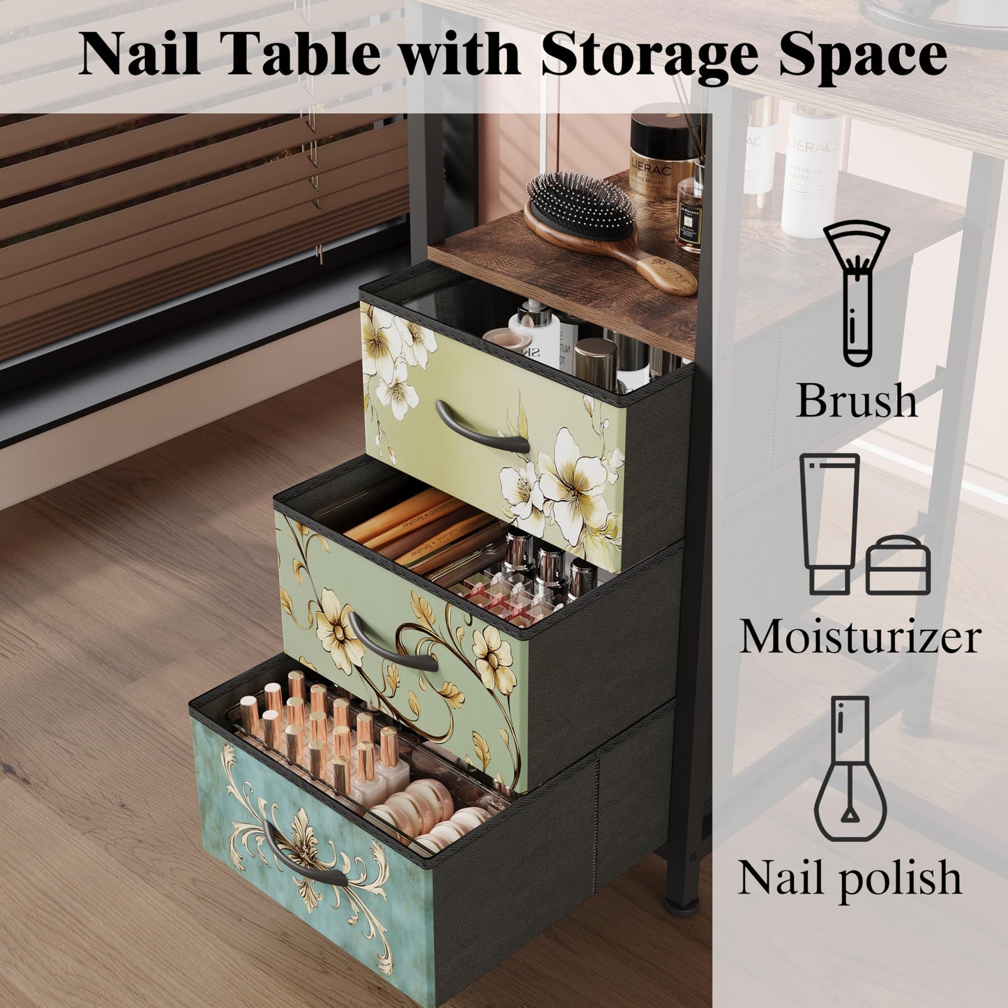 NinPeen Nail Table with dust Collector，Small Manicure Table with Drawers for Nail tech，Nail Station with Open Shelf for Home,Workshop,Makeup Beauty Salon Workstation (Retro Pattern)