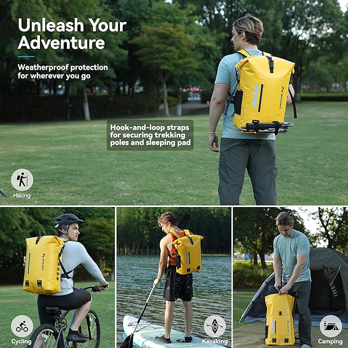 MARCHWAY Roll Top Waterproof Backpack, Floating Dry Bag 20L/30L/45L with Ergonomic Rectangular Base, Cushioned Back, Hip Strap for Hiking Camping Kayaking Travel (Yellow, 45L)