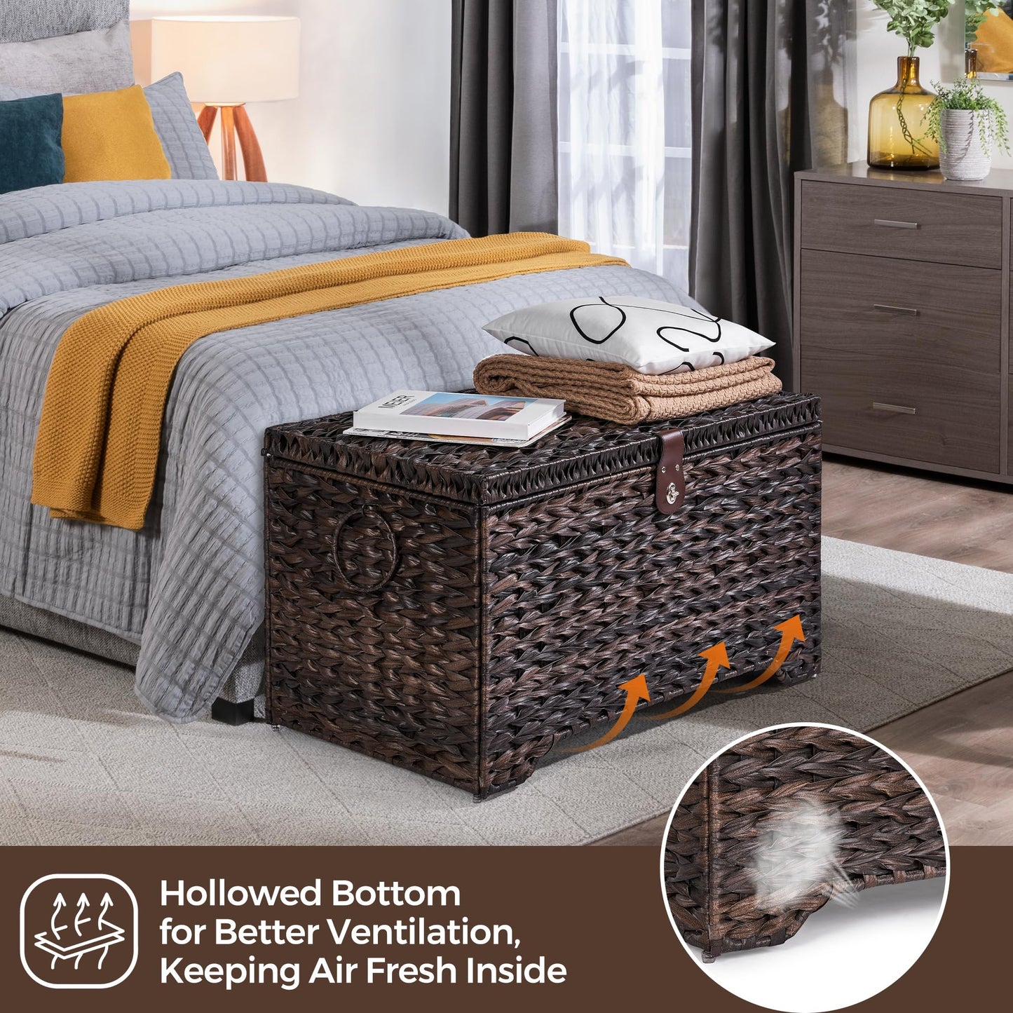 Honjourai Handwoven Storage Basket with Lid, 165L Plastic Rattan Storage Bin, Leather Buckle & Metal Frame, Large Metal Ring Handles, Storage Trunk for Bedroom, Laundry Room