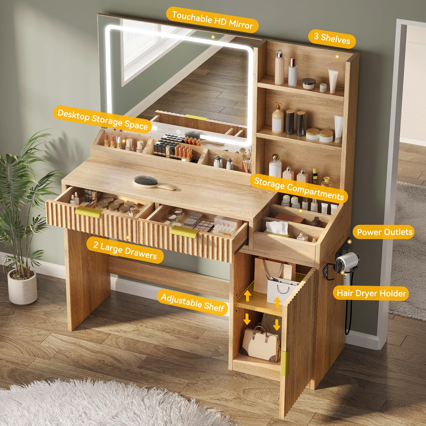 YITAHOME Large Makeup Vanity Desk with Mirror and Lights, Fluted Vanity Table with 2 Drawers & Adjustable Shelves, Makeup Mirror in 3 Modes Lighting, Dressing Table Set w/Charging Station, Oak